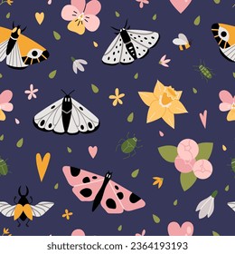 Seamless pattern with natural, plant elements, cartoon style. Flower, butterflys and bugs. Trendy modern vector illustration on blue background, hand drawn, flat design