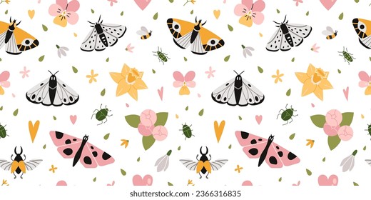 Seamless pattern with natural, plant elements, cartoon style. Flower, butterflys and bugs. Trendy modern vector illustration on white background, hand drawn, flat design