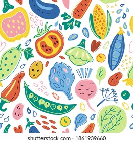 Seamless pattern with natural products in cartoon style. Healthy vegetables for the figure. Vegetarian food for diet. Background vector for the kitchen, print on textiles.