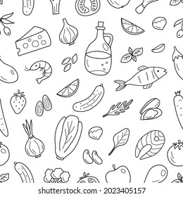 Seamless pattern with natural products on a white background. Vector illustration in doodle style. Perfect for the design of a grocery store, packaging, website. Vegetables, fruits, fish and meat