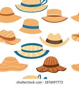 Seamless pattern of natural summer hay hat with strap and bow flat vector illustration on white background