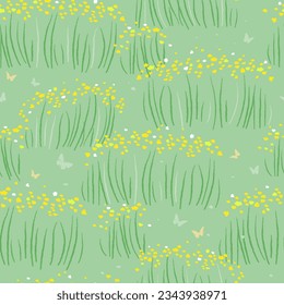 Seamless pattern with a natural wild field with flowers. Grass, butterflies, summer meadow with bloom. Vector graphics.