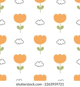 Seamless pattern Nature Background Flowers And Clouds Hand drawn design in cartoon style Used for textiles, prints, wallpapers, vector illustration