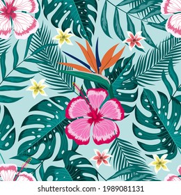 Seamless pattern of nature background with tropical leaves and beautiful flowers vector illustration