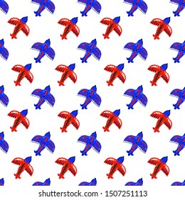 Seamless pattern nature bird and branch. Hand drawn naive style. Bright color.Vector illustration.