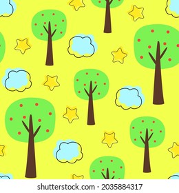 Nahtloses Muster. Natur, Wolken, Sterne, Bäume. Design für Textilien, Bücher, Postkarten, Notebooks, Pop-Sites. Druck auf Stoff. Ökologie-Konzept, Ökoprodukte.