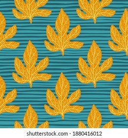Seamless pattern with nature falling leaves orange ornament. Bright blue striped background. Decorative backdrop for fabric design, textile print, wrapping, cover. Vector illustration