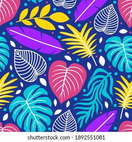 seamless pattern nature foliage leaves monstera neon color background. nature pattern