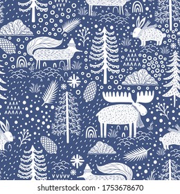 Seamless pattern nature forest wildlife Canada.Season winter park.Vector illustration.