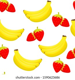 Seamless pattern nature fruit banana and strawberry on white background