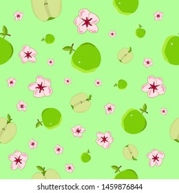 Seamless pattern nature fruits apples leaves green endless decorative repeat background great for textile, wrapping and print