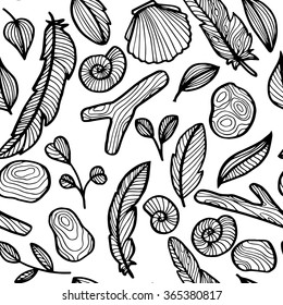 seamless pattern with nature objects, shells and stones, leaves and  feathers, hand drawn vector illustration