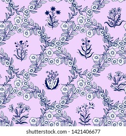 Seamless pattern nature set collection hand drawn. Ethnic ornament, floral print, textile fabric, botanical element. Vintage retro style. Image of leaves and other natural objects. Vector illustration