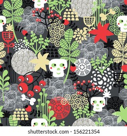 Seamless pattern with nature and skulls. Vector background. 