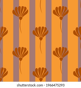 Seamless pattern in nature style with doodle dark orange flower silhouettes. Orange striped background. Vector illustration for seasonal textile prints, fabric, banners, backdrops and wallpapers.