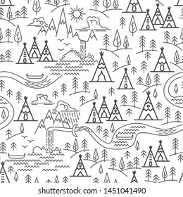 Seamless pattern nature travel theme. Mountains and Tepee, pine tree and waterfall landscape. Indian Tepee Camping map. Flat line style pattern for camping. Vector illustration.