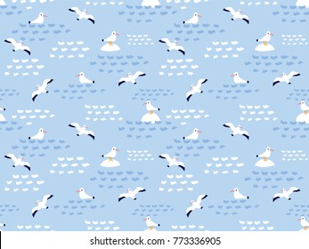 Seamless pattern of nautical birds - marine seagulls. Hand drawn vector sea illustration.