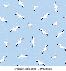 Seamless pattern of nautical birds - marine seagulls. Hand drawn vector sea illustration.