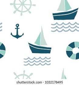 Seamless pattern with nautical design elements: anchor, boat, lifebuoy, waves. Cute sea objects background.  Hand drawn vector illustration.
