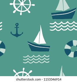 Seamless pattern with nautical design elements: anchor, boat, waves, wheel. Cute cartoon sea objects. Hand drawn vector illustration. Marine symbols on green