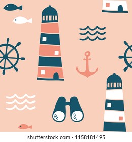 Seamless pattern with nautical design elements: anchor, lighthouse, waves, wheel, fish. Cute cartoon sea objects. Hand drawn vector illustration. Marine symbols on pink