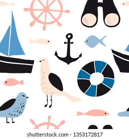 Seamless pattern with nautical design elements: anchor, boat, seagull, waves, wheel, fish. Cute cartoon sea objects. Hand drawn vector illustration. Marine symbols on white