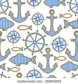  	
Seamless pattern of nautical design elements in flat style. 		
Fish, anchor, wind rose, rope, steering wheel, compass. Vector illustration.