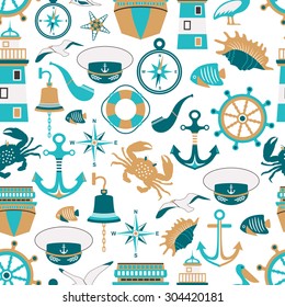 Seamless pattern of nautical design elements in flat style. Vector illustration.