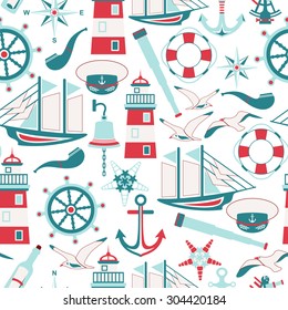 Seamless pattern of nautical design elements in flat style. Vector illustration.
