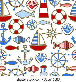  	
Seamless pattern of nautical design elements in flat style. 		
Sailboat, anchor, fish, steering wheel, compass, lifebuoy, shell, lighthouse. Vector illustration.