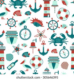  	
Seamless pattern of nautical design elements in flat style. Vector illustration.