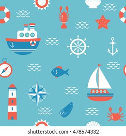 Seamless pattern with nautical design elements. Marine concept background. Vector illustration