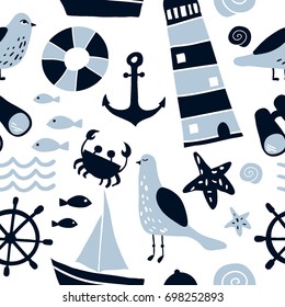 Seamless pattern with nautical design elements: anchor, starfish, wheel, boat, fish,  lifebuoy, lighthouse, crab, seagull. Cute sea objects background.  Hand drawn vector illustration.
