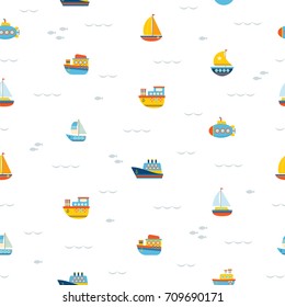 Seamless pattern with nautical design elements. Marine concept background. Cute children background with ships. Vector illustration