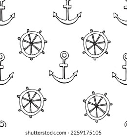 Seamless pattern with nautical elements of doodle anchor and rudder. Sea elements hand drawn for logos, patterns, postcards, typography without background