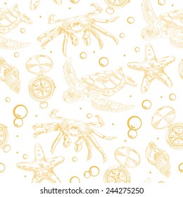 Seamless pattern with nautical elements like turtles, crab, compass, seastar and shell