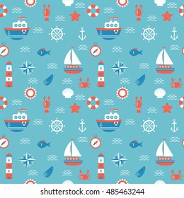 Seamless pattern with nautical elements. Marine concept background. Vector illustration