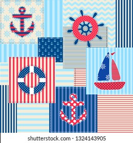seamless pattern nautical elements patchwork, vector illustration 