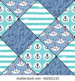 Seamless pattern with nautical elements, patchwork tiles. Freehand drawing