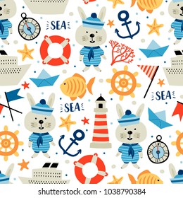Seamless pattern with nautical elements and rabbit. Cartoon style. Can be used on packaging paper, fabric, background for different images, etc. 