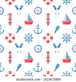 seamless pattern nautical icons cartoon style. isolated on white background. vector illustration.