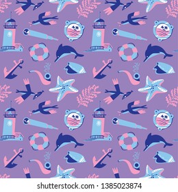 Seamless pattern with nautical objects. Marine background with spyglass, starfish, seagulls, shell and alga. Vector illustration in flat style for textile, wallpapers, surface design