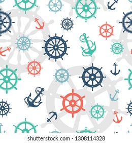 Seamless Pattern Nautical Sail Steering Wheel Repeatable