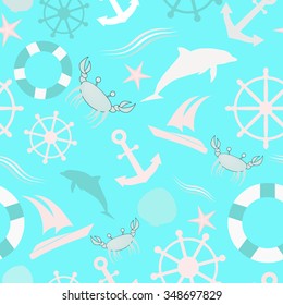 Seamless pattern with nautical sea elements. In a cute child style. With boat and yacht .