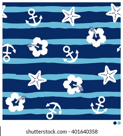 Seamless pattern of nautical stuff vector  with brush stripes background.