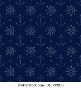 Seamless pattern. The nautical theme. Anchor and Wheel. Dark blue background. Vector illustration.