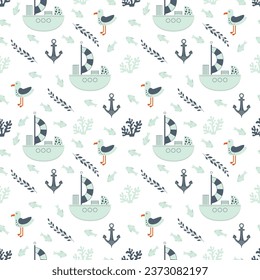 Seamless pattern with a nautical theme. A boat, a seagull and an anchor in the ocean among seaweed on a white background. Vector illustration. Design for baby dough, packaging, wallpaper