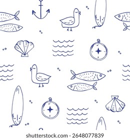 Seamless pattern with nautical themed pattern featuring sea creatures and surfboards in a playful design 
