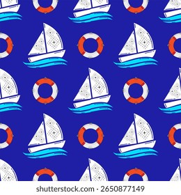 Seamless pattern of nautical vessels on the sea, with sailing ships, boats, and yachts traveling on ocean waves