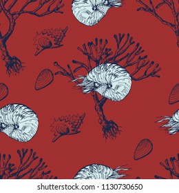 Seamless pattern with nautilus and corals . Marine background. Vector illustration in sketch style. Perfect for greetings, invitations, wrapping paper, textile and web design, red back ground.